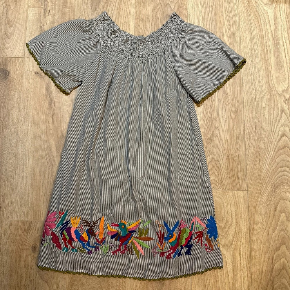 Sister Mary 100% Cotton Gray Stripe Embroidered‎ Floral Dress Size Small EUC